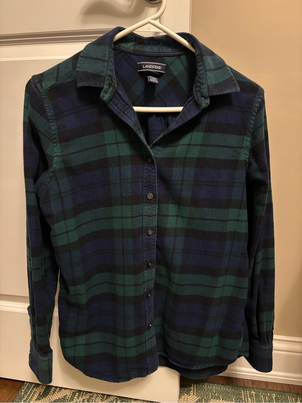 Lands' End Women’s Black/Green Plaid Flannel Shirt
